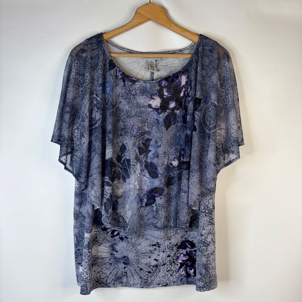 Catherines Blouse Womens 0X Blue Purple Floral Layered Flutter Sleeve Top